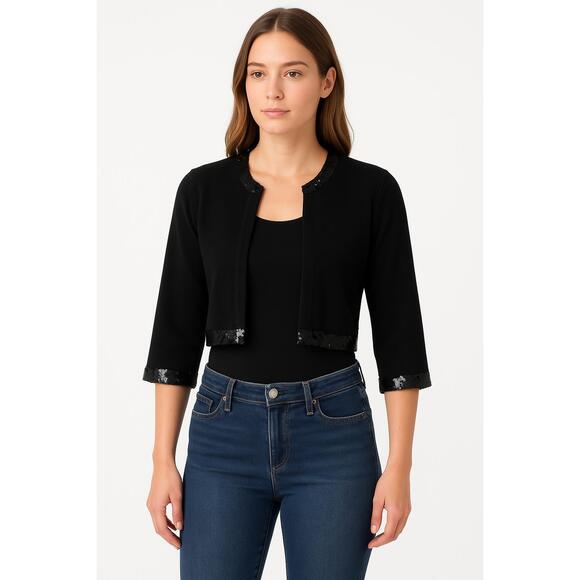 Lilly Pulitzer Bolero Jacket‎ Womens Large Black Cropped Sequin 3/4 Sleeve Party - Picture 1 of 14